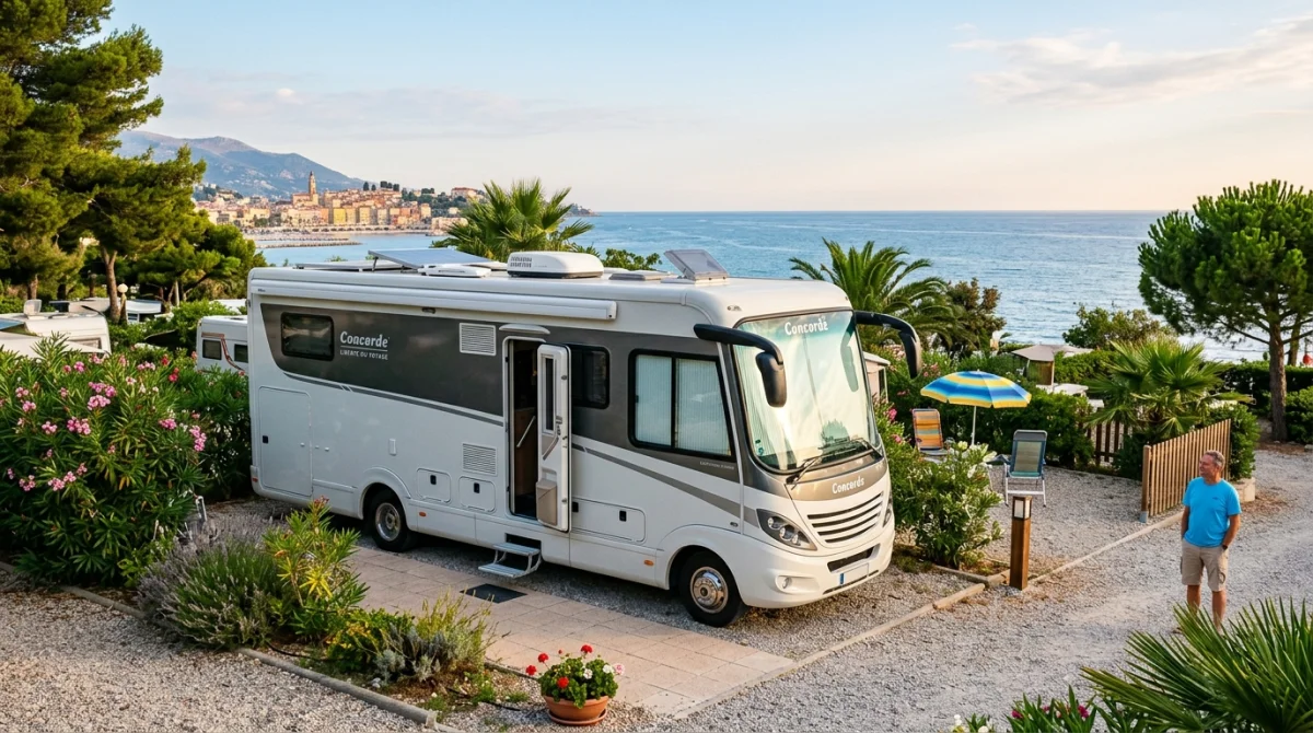 Camping-car moderne dans un camping paisible à Menton, vue sur la mer Méditerranée.
