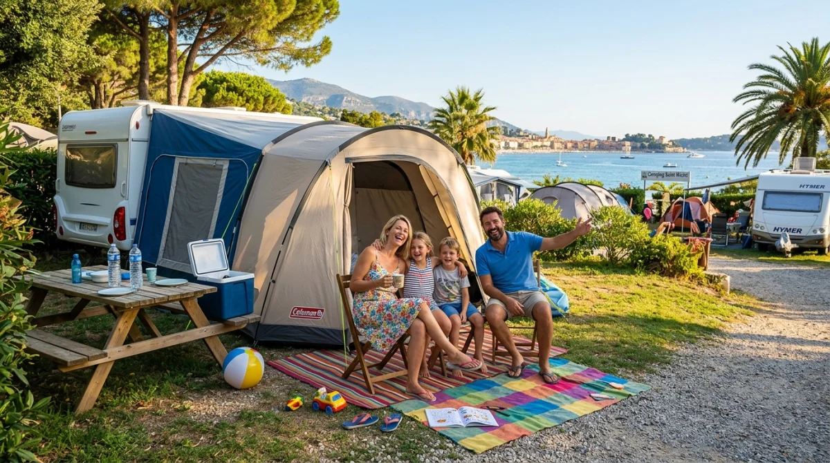 Famille heureuse en camping à Menton, mer Méditerranée en arrière-plan