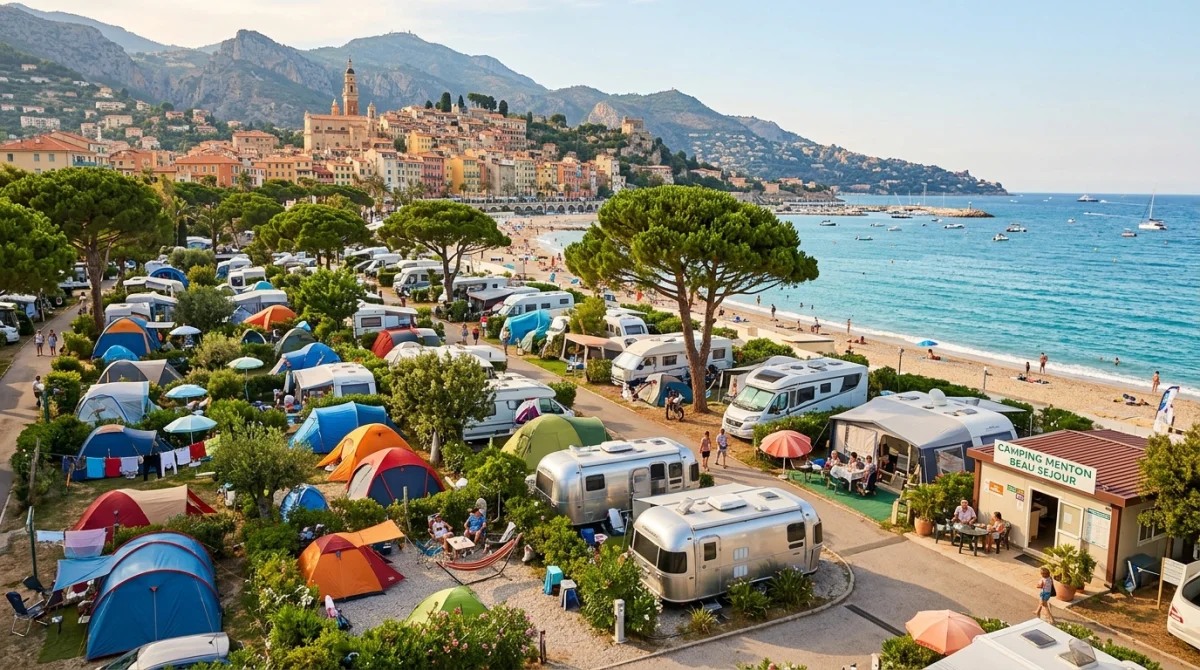 Camping en bord de mer à Menton, tentes et caravanes sous les pins, vue sur la Méditerranée.