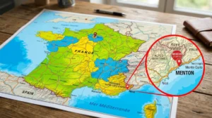 Carte de France zoomée sur Menton, ville côtière sur la Côte d'Azur, près de l'Italie.