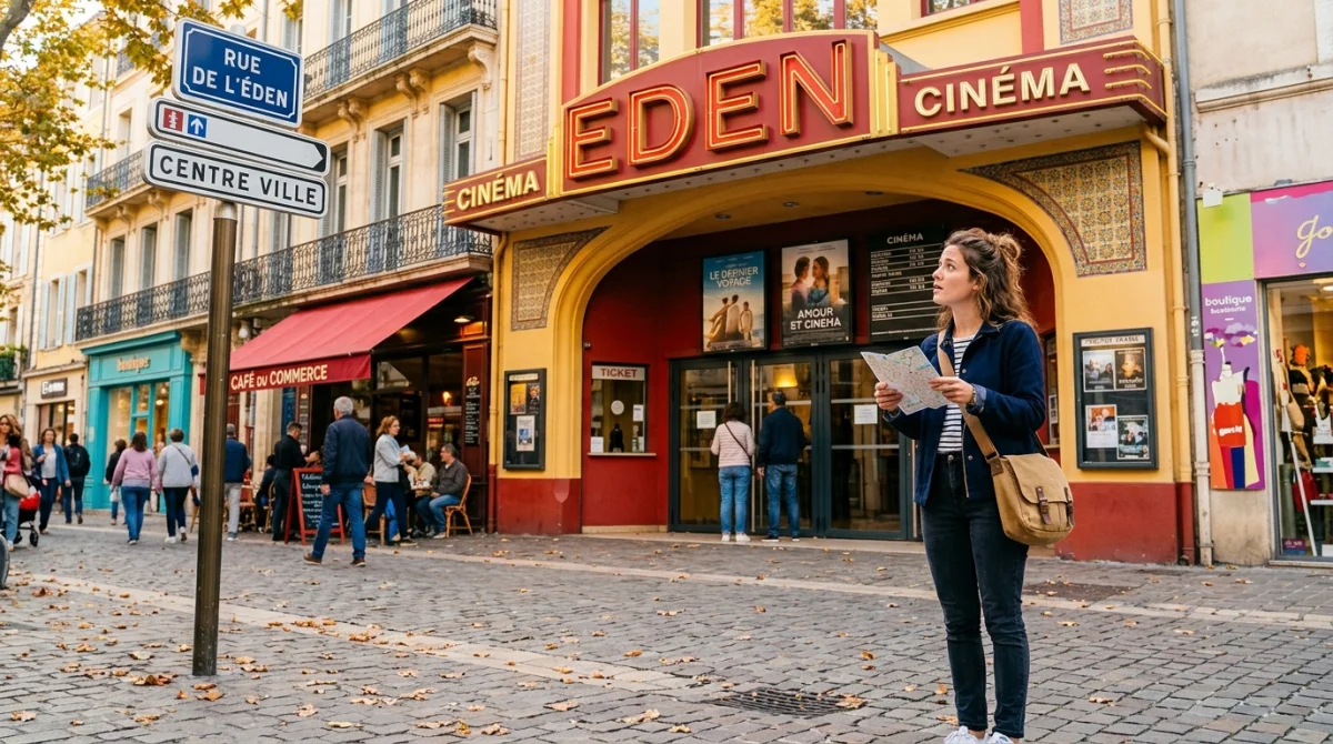 Personne devant l'entrée du cinéma Eden à Menton, cherchant son chemin.