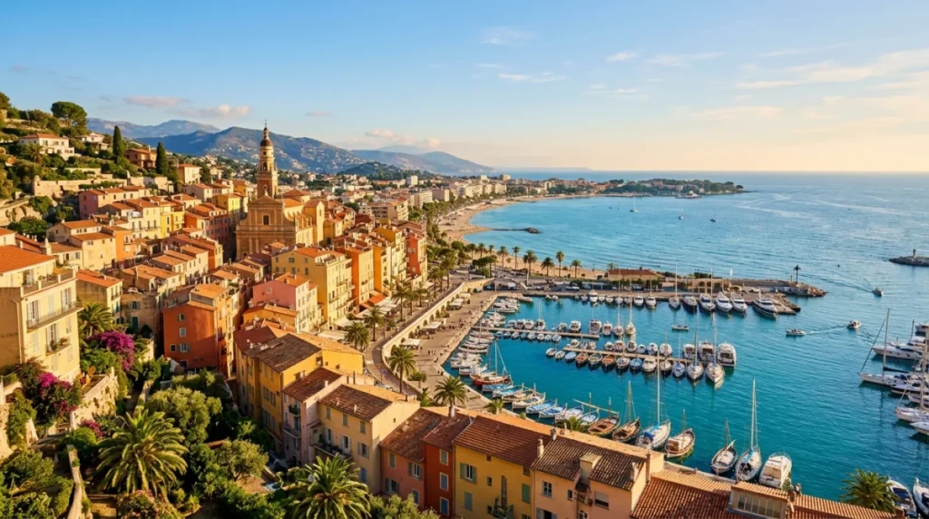Vue panoramique de Menton, ville colorée sur la Côte d'Azur, mer Méditerranée.