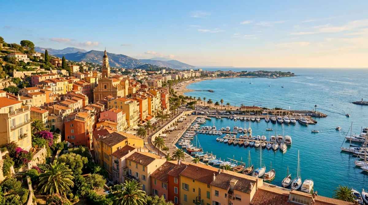 Vue panoramique de Menton, ville colorée sur la Côte d'Azur, mer Méditerranée.