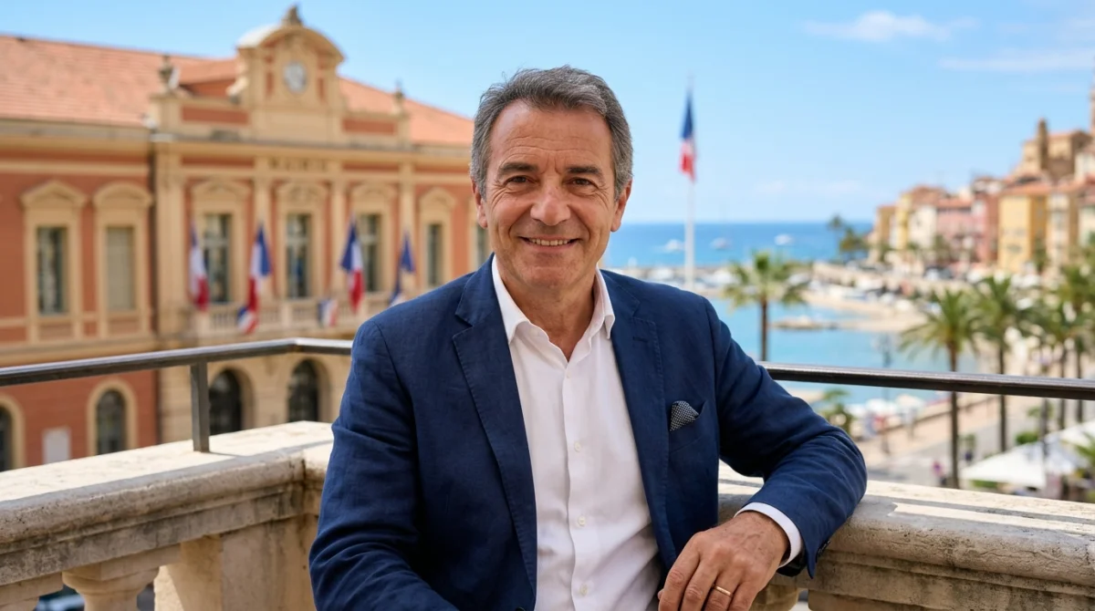 Portrait du maire de Menton, figure politique locale souriante, devant la mairie.