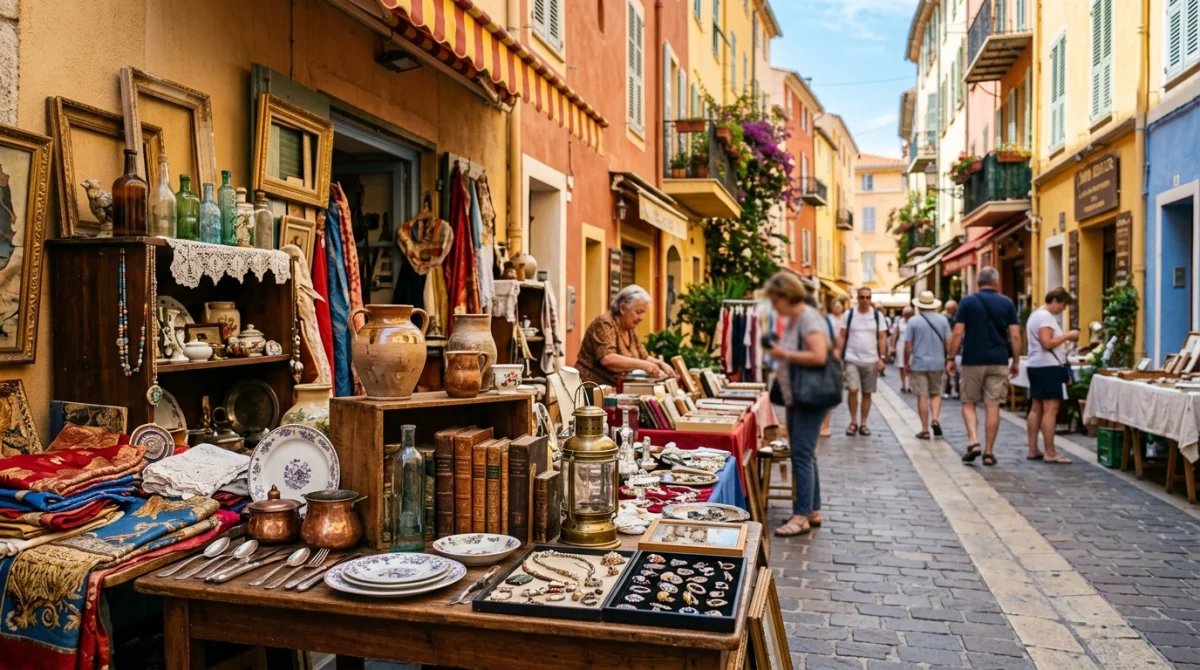 Étalage coloré de brocante dans une rue de Menton, objets anciens et façades ensoleillées.