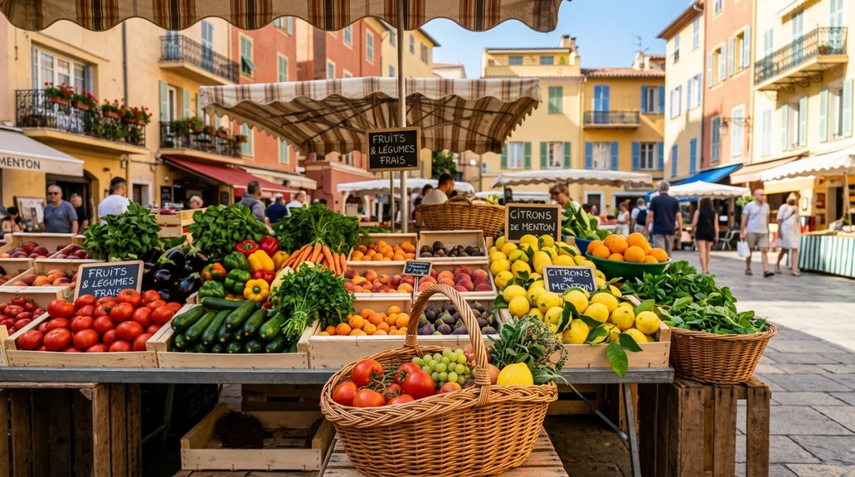 Fruits et légumes frais sur un étal de marché coloré à Menton, panier en osier au premier plan.
