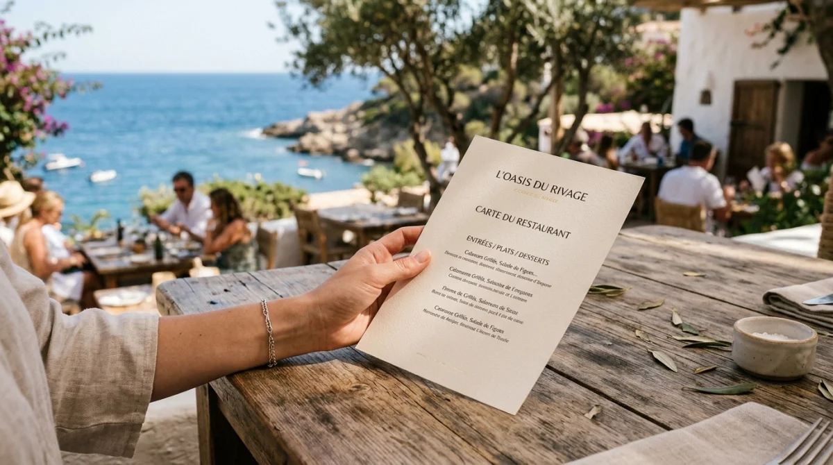 Carte de restaurant élégante dans l'Orangeraie Menton, terrasse méditerranéenne vue mer