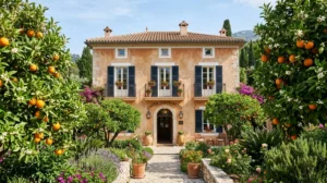 L'Orangeraie Menton : façade d'hôtel de charme et jardin méditerranéen luxuriant avec orangers en fleurs et fruits.