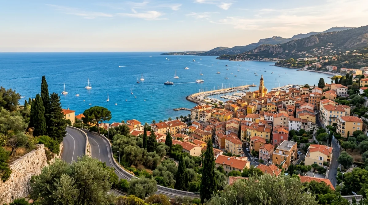 Vue panoramique de Menton, ses toits ocres et la mer Méditerranée sous le soleil de fin d'après-midi.
