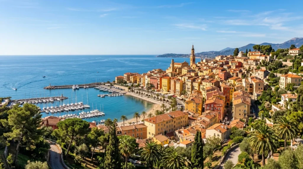 Vue panoramique de la vieille ville colorée de Menton sur la Côte d'Azur.