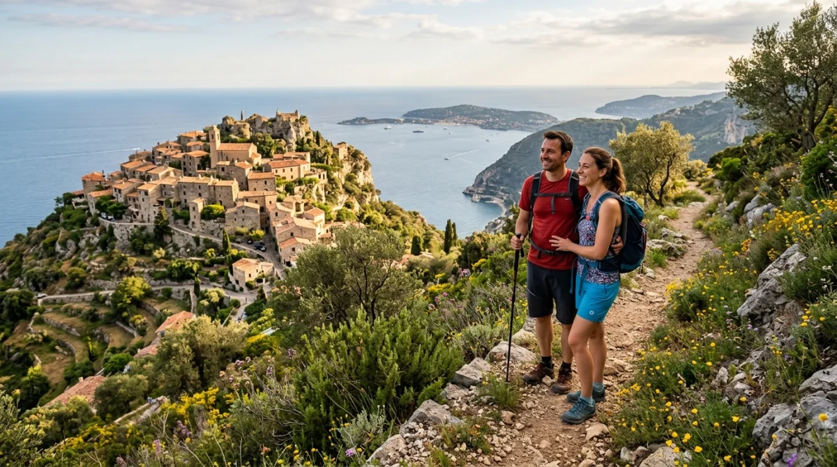 Couple de randonneurs admirant un village perché typique près de Menton, Côte d'Azur.