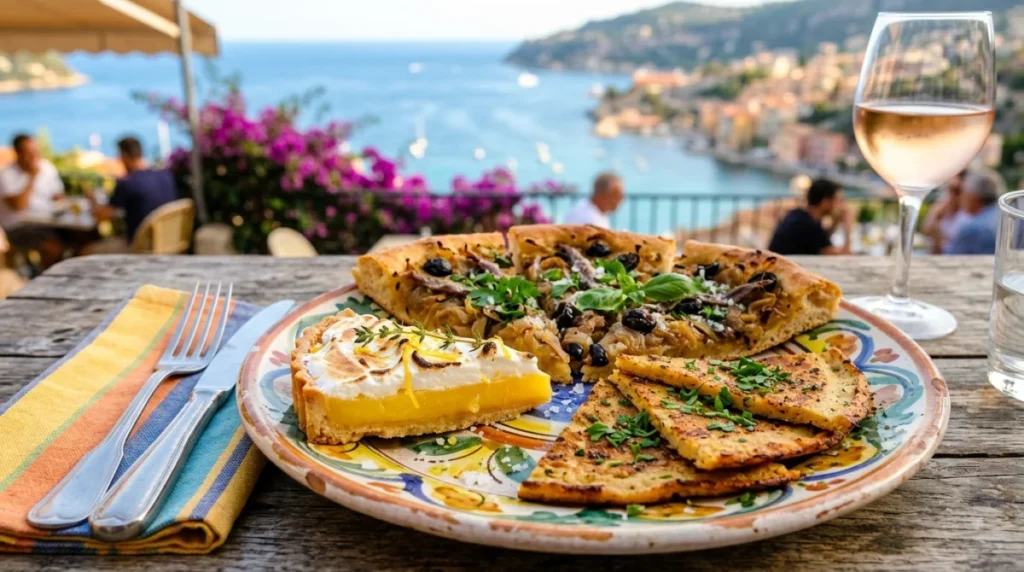Assiette de spécialités culinaires niçoises : pissaladière, socca et tarte citron, en terrasse ensoleillée.