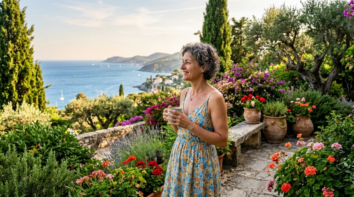 Femme contemplant la mer depuis un jardin méditerranéen fleuri à Menton.