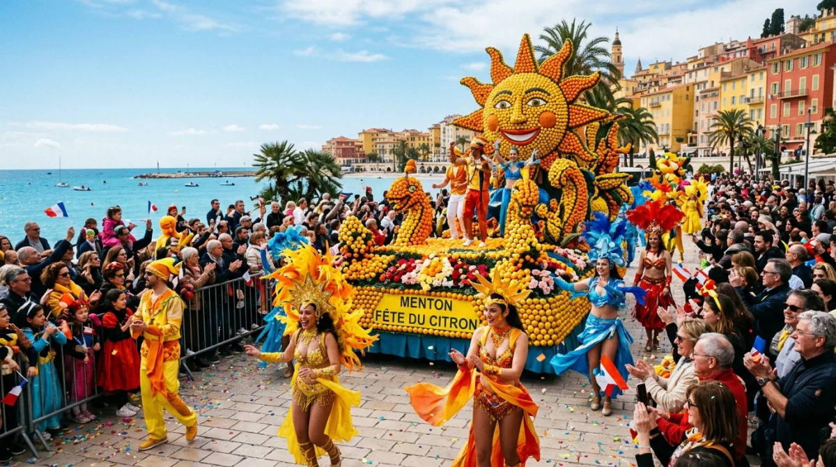 Carnaval de Menton 2026 : chars colorés et foule joyeuse sur la Promenade du Soleil.