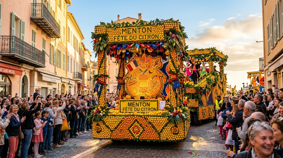 Char festif décoré de citrons à la Fête du Citron de Menton 2026.