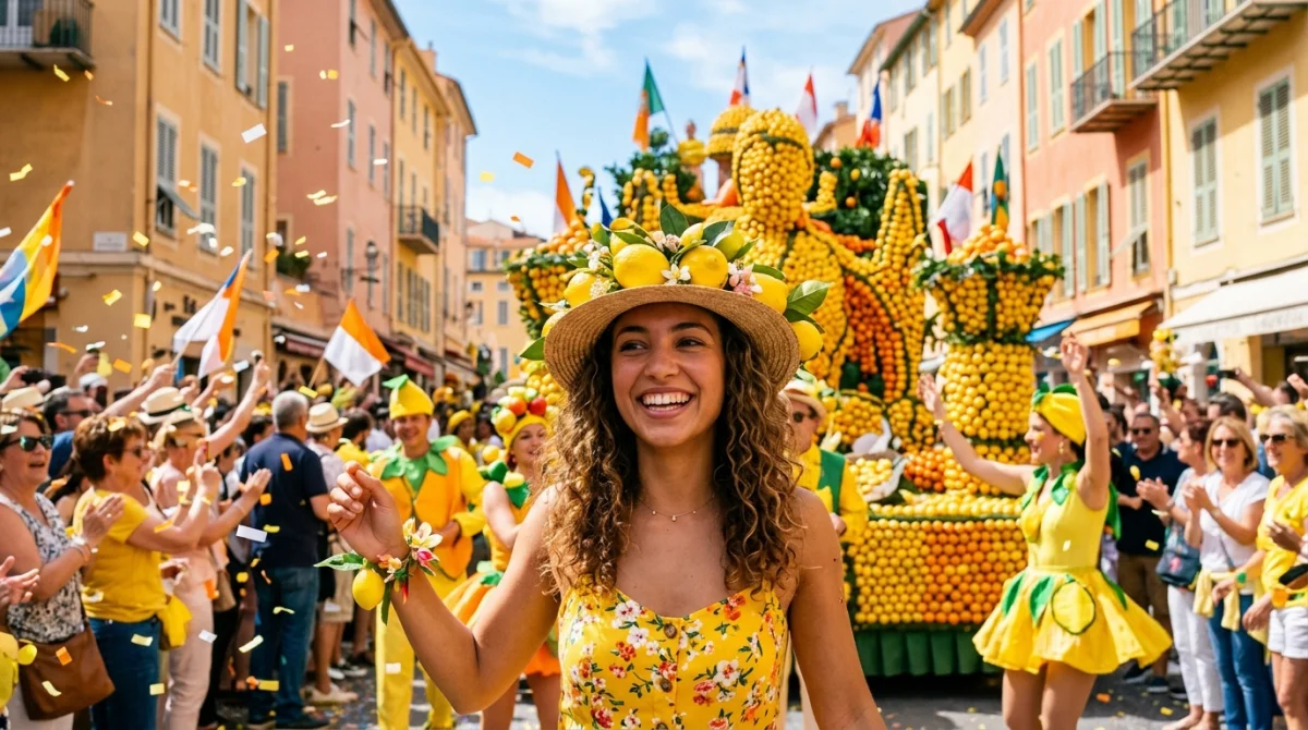 Jeune femme en robe jaune citrons, fête du citron Menton 2026, chars décorés.