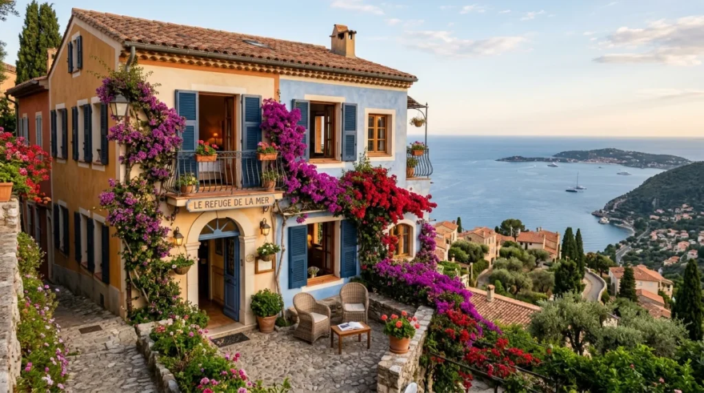 Hôtel charmant vue mer à Menton, façade colorée et bougainvilliers en fleurs