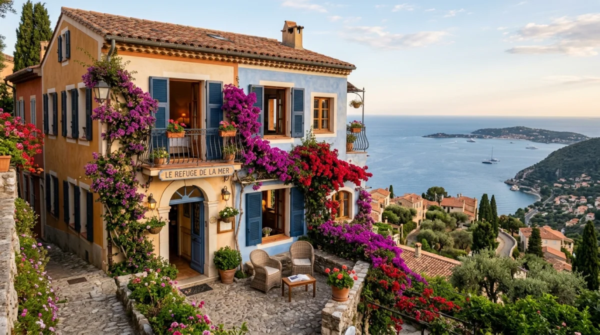 Hôtel charmant vue mer à Menton, façade colorée et bougainvilliers en fleurs