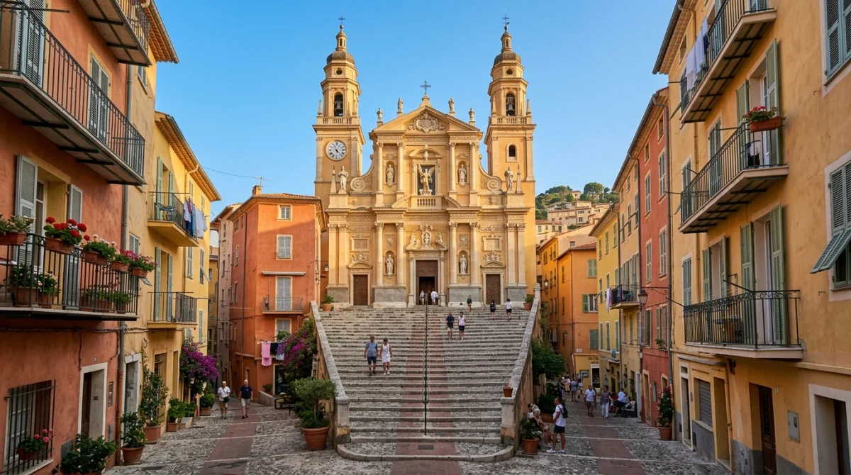 Façade baroque de la Basilique Saint-Michel surplombant les ruelles pittoresques du centre historique de Menton en septembre.