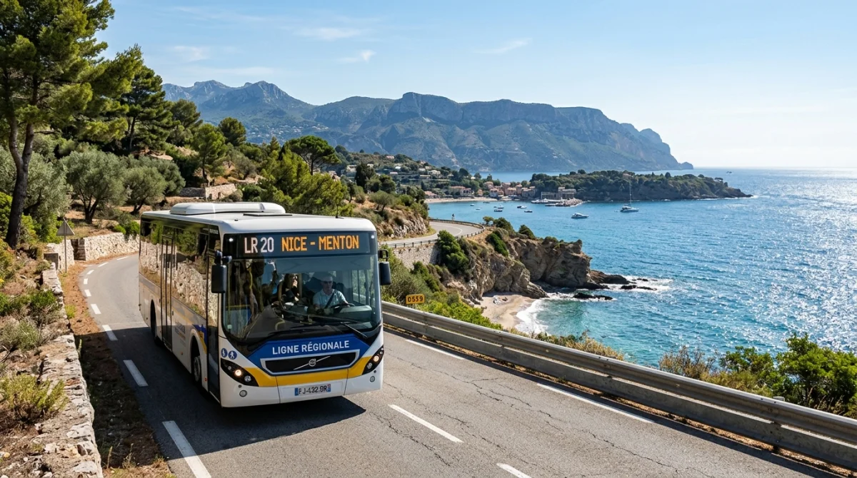 Bus régional circulant sur une route côtière panoramique pour aller de Nice à Menton face à la Méditerranée.
