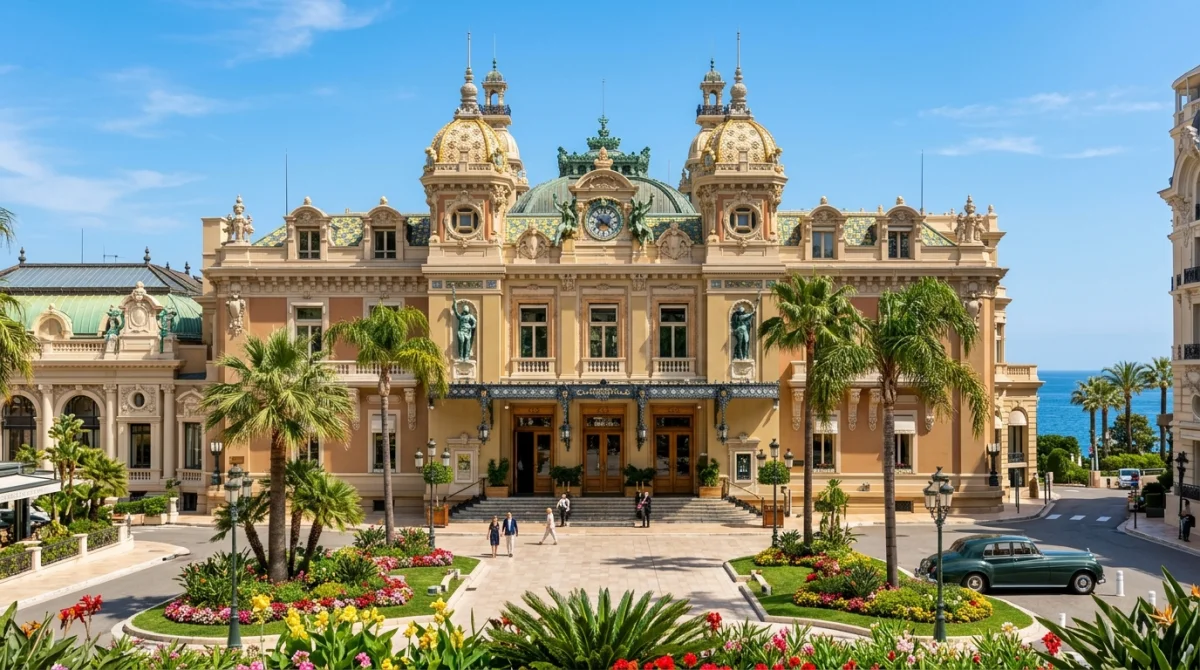 Façade majestueuse et dorée du Casino de Monte-Carlo, un lieu incontournable à visiter lors de votre séjour à Monaco.