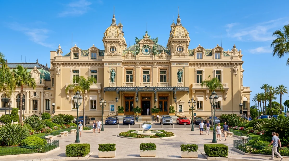 Façade majestueuse du Casino de Monte-Carlo sous un ciel ensoleillé, une étape incontournable que faire à Monaco.