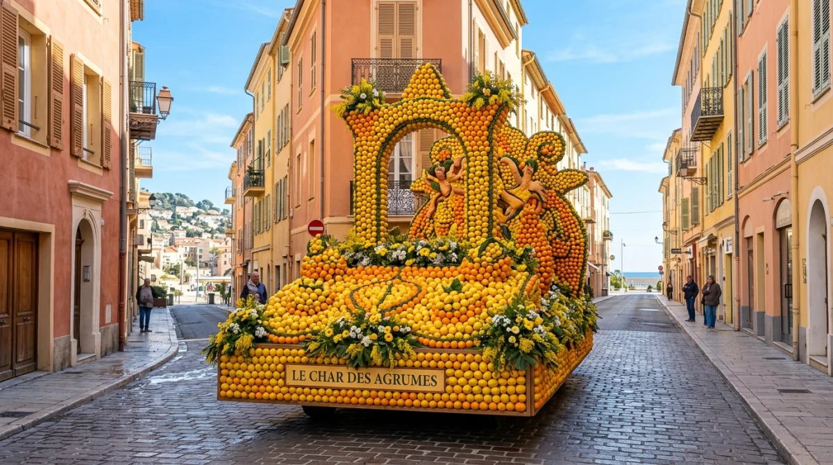 Char monumental décoré de citrons et oranges dans une rue ensoleillée de Menton pour la fête du citron.