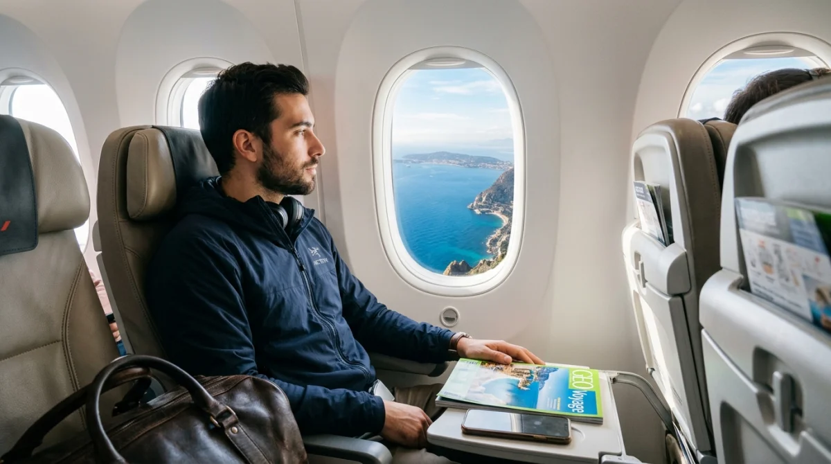 Voyageur regardant par le hublot d'un avion la côte méditerranéenne lors d'un trajet vers Menton depuis Paris.