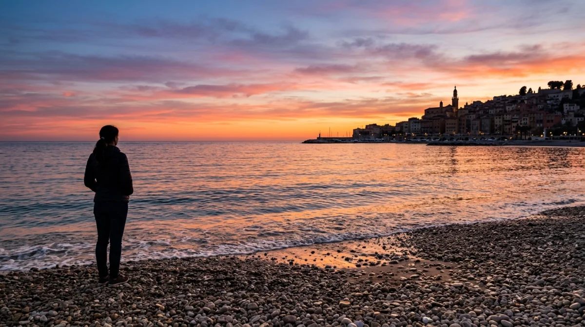 Silhouette admirant un coucher de soleil romantique sur la plage des Sablettes à Menton, idéale pour vos soirées.