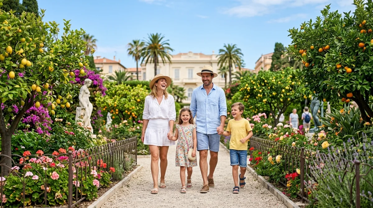 Famille joyeuse se promenant dans les jardins Biovès de Menton parmi les fleurs et agrumes ensoleillés.