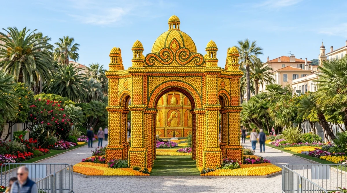 Sculptures monumentales en citrons et oranges dans les jardins Biovès à Menton, lieu emblématique de la fête.