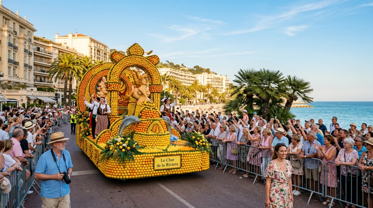 Foule observant un char décoré d'agrumes sur la Promenade du Soleil lors de la Fête des Citrons à Menton.