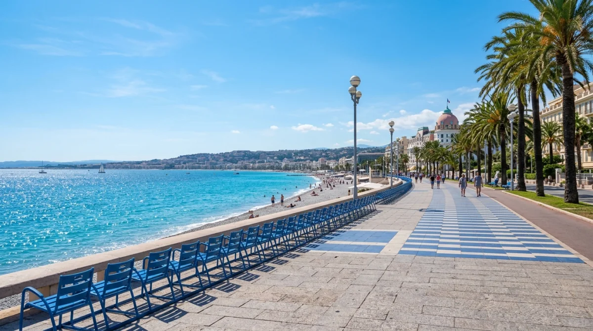Chaises bleues emblématiques sur la Promenade des Anglais à Nice face à la mer Méditerranée ensoleillée.