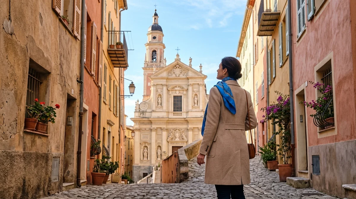 Personne élégante admirant la Basilique Saint-Michel dans une ruelle typique de Menton lors d'une journée de février.