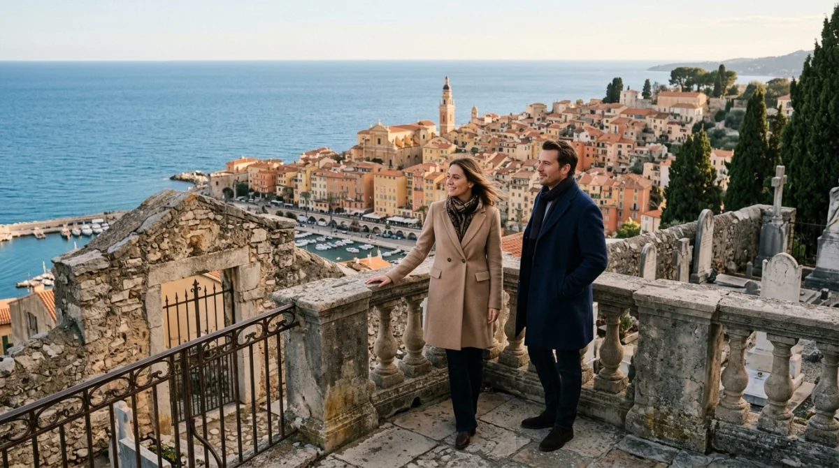 Couple admirant la vue panoramique sur les toits ocres de Menton et la mer lors d'un séjour hivernal.