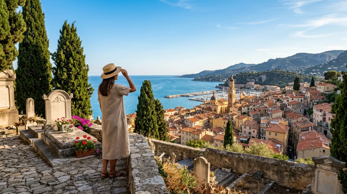 Vue panoramique sur les toits ocres de Menton et la mer depuis le cimetière du Vieux Château en octobre.