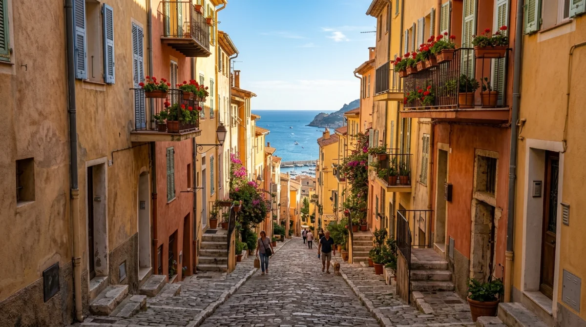 Ruelle pittoresque du Vieux-Menton aux façades colorées descendant vers la mer méditerranéenne en octobre.