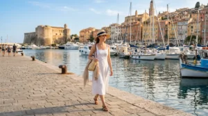 Personne en tenue estivale marchant sur le port de Menton avec le Bastion en arrière-plan en septembre.