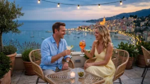 Couple élégant dégustant des cocktails sur un rooftop avec vue panoramique sur la vieille ville de Menton illuminée.