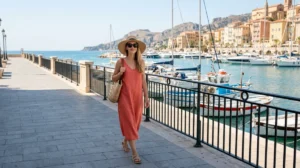 Touriste élégante marchant sur la promenade du Soleil à Menton avec le port et la mer en arrière-plan.