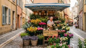 Étal de fleurs colorées sur un marché traditionnel dans une ruelle typique du Vieux-Nice sous le soleil.