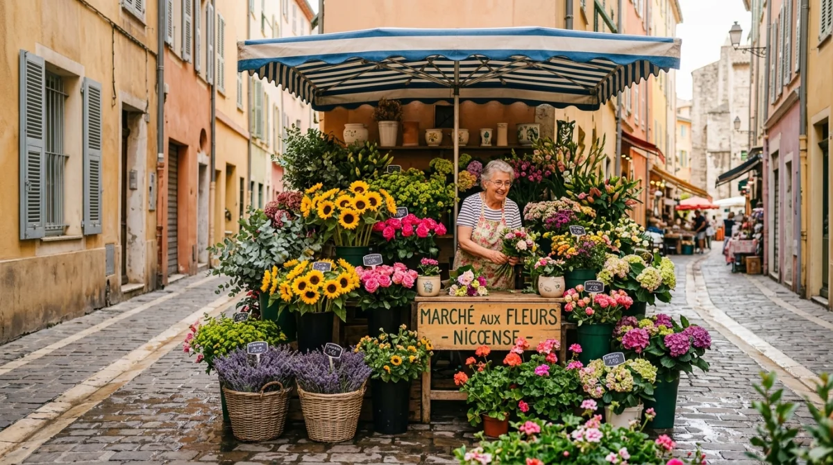 Étal de fleurs colorées sur un marché traditionnel dans une ruelle typique du Vieux-Nice sous le soleil.