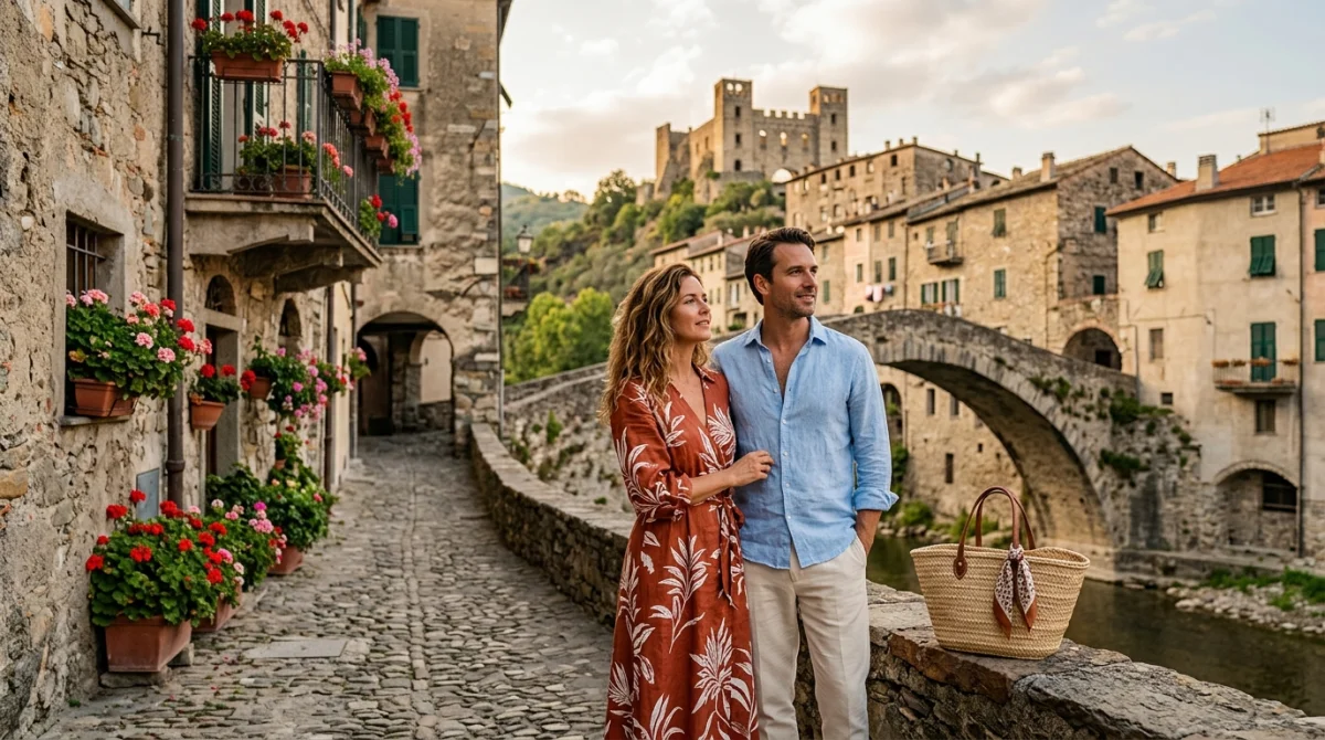 Couple élégant admirant le pont médiéval de Dolceacqua, une activité incontournable en Italie près de Menton.
