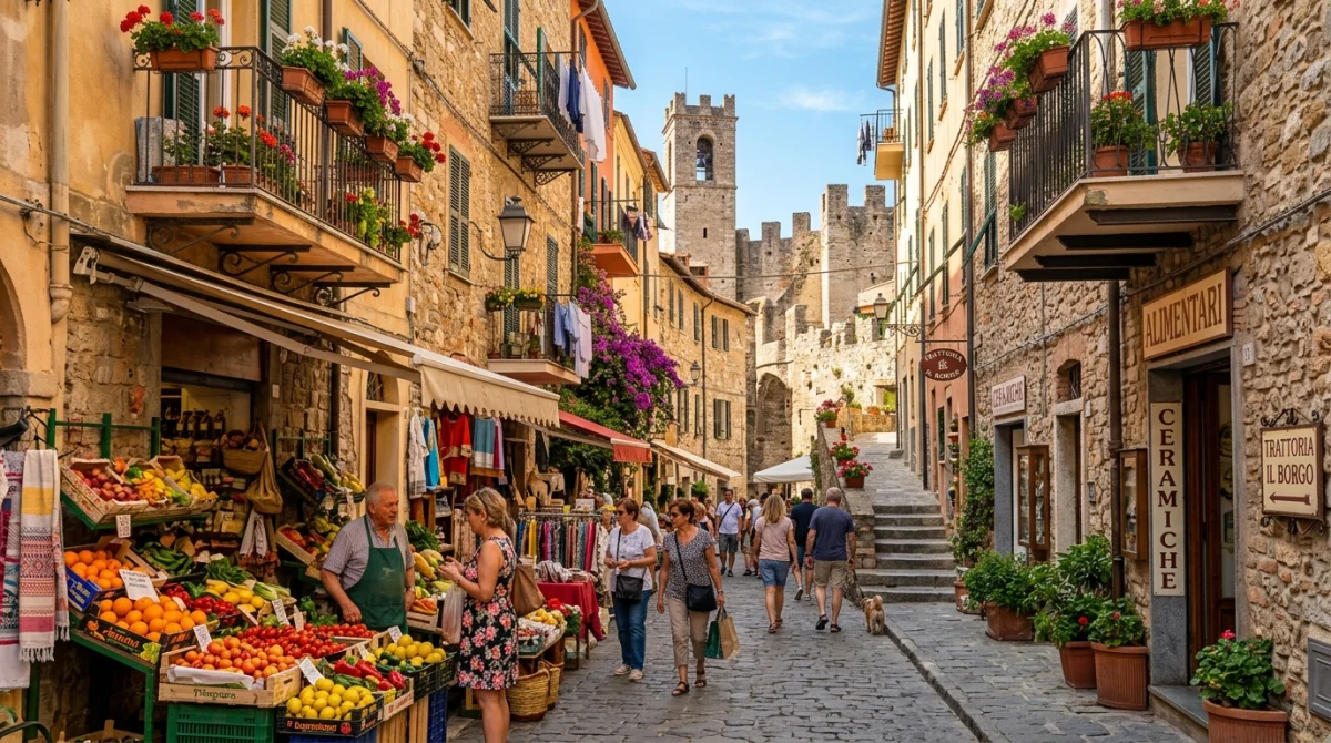 Ruelle pittoresque et animée de la vieille ville de Vintimille avec ses étals colorés, idéale pour visiter l'Italie.