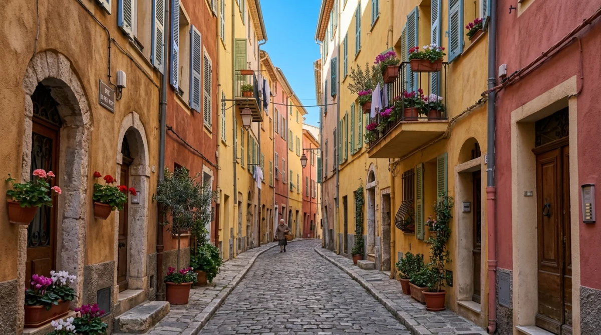 Ruelle pittoresque aux façades colorées du Vieux-Menton sous un doux soleil d'hiver, idéale pour une visite.
