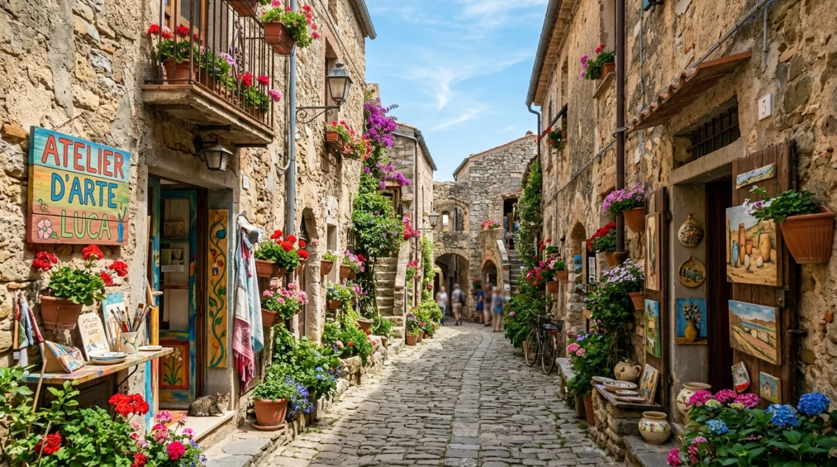 Ruelles pavées et ateliers d'art fleuris dans le village médiéval de Bussana Vecchia près de Sanremo.