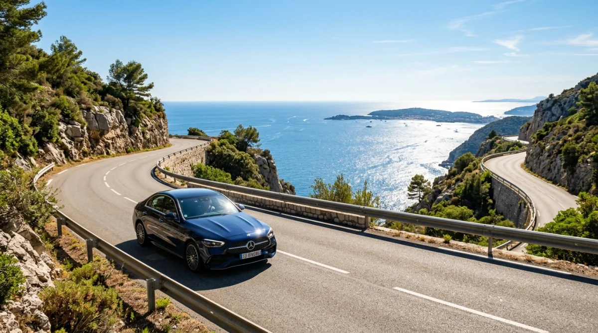 Voiture moderne circulant sur une route côtière ensoleillée avec vue panoramique sur la mer Méditerranée.