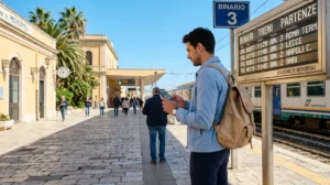 Voyageur consultant son téléphone sur le quai d'une gare ensoleillée pour aller de Menton à Vintimille.