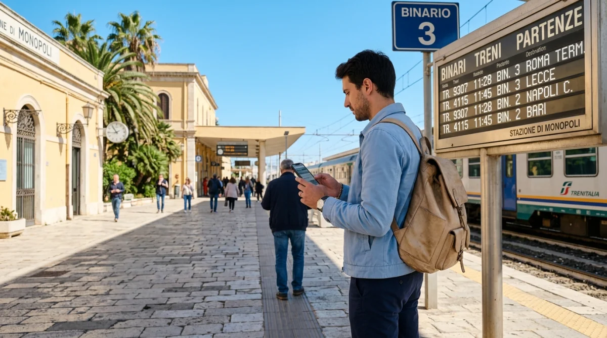 Voyageur consultant son téléphone sur le quai d'une gare ensoleillée pour aller de Menton à Vintimille.