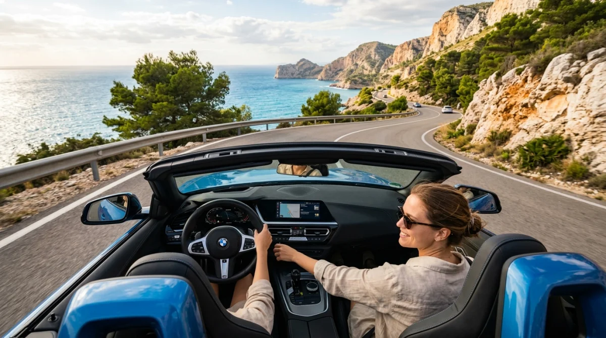 Conducteur en voiture décapotable sur une route côtière ensoleillée pour un voyage de Nice à Menton.